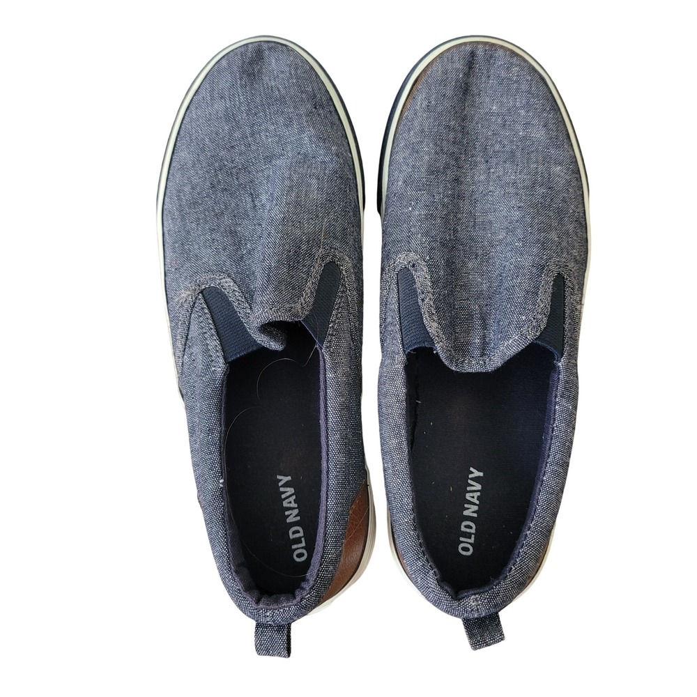 Old Navy Size 5 Linen Slip On Sneakers Boys Indigo Denim Faux Leather Heel